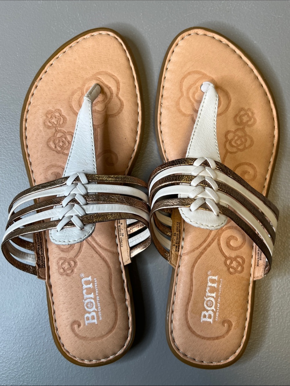 Born Women's White and Bronze  Leather Braided Thong Sandals s-8